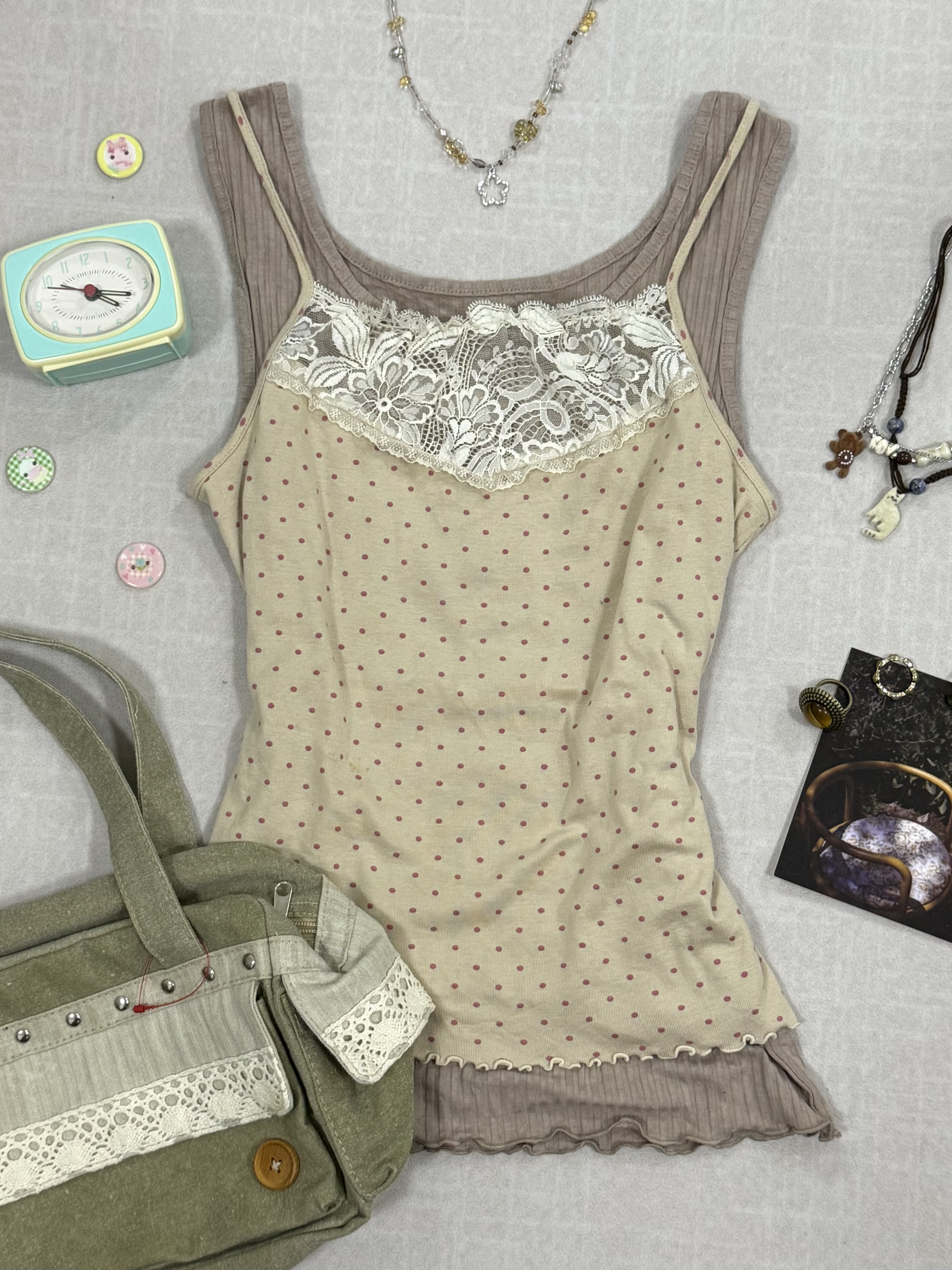 [On Sale] Beige Polka Dot Lace Camisole