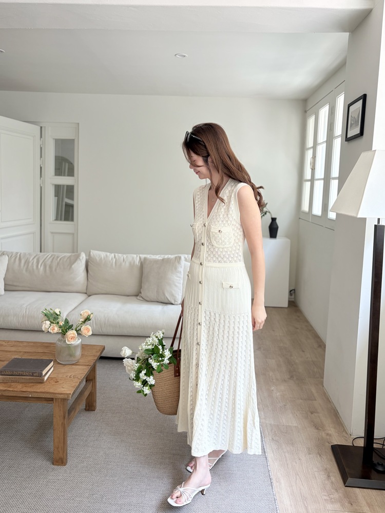 Buttoned Crochet Knit Dress (Ivory)