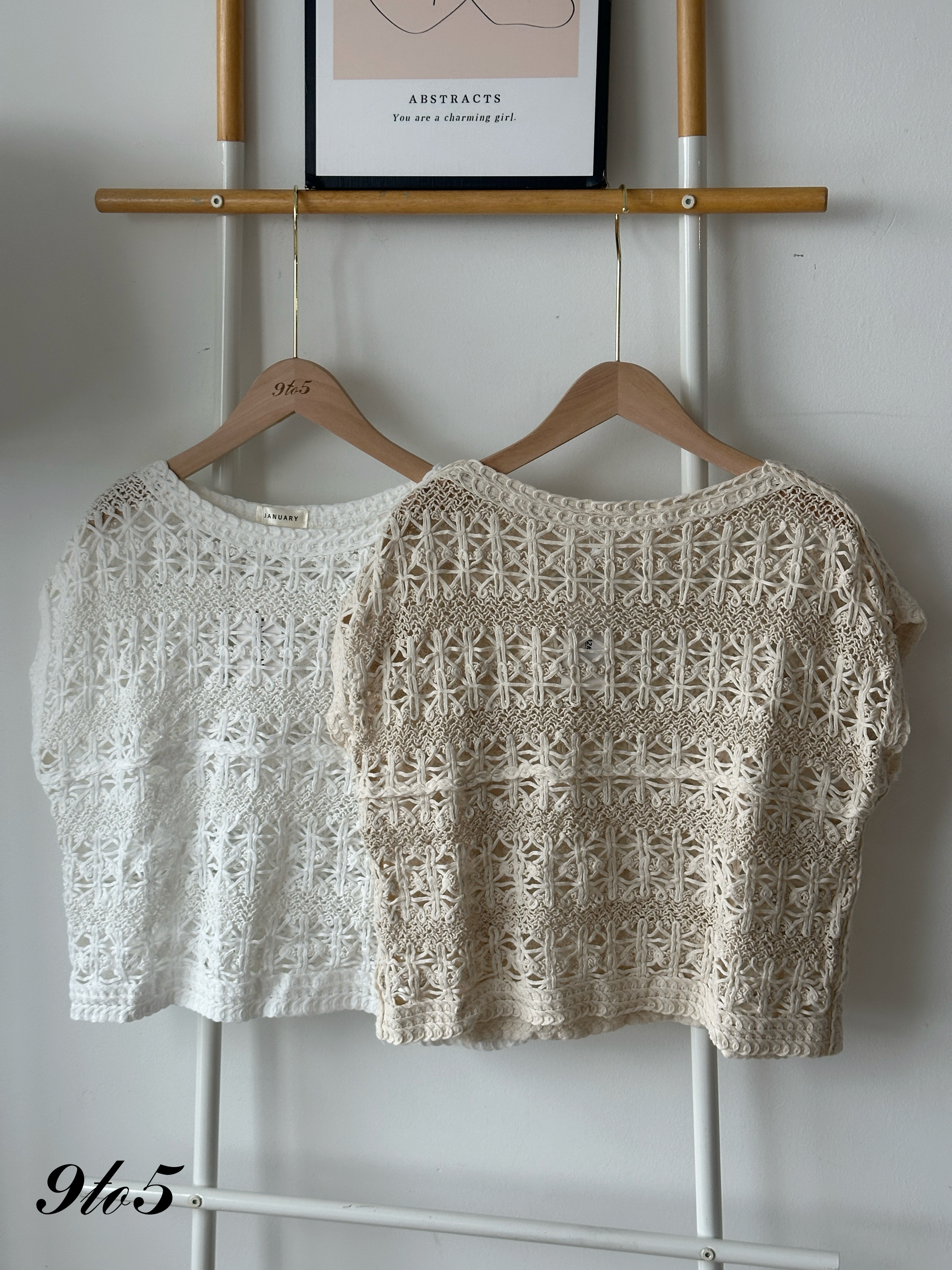 T4221 Cape Sleeve Crochet Top - Beige & White