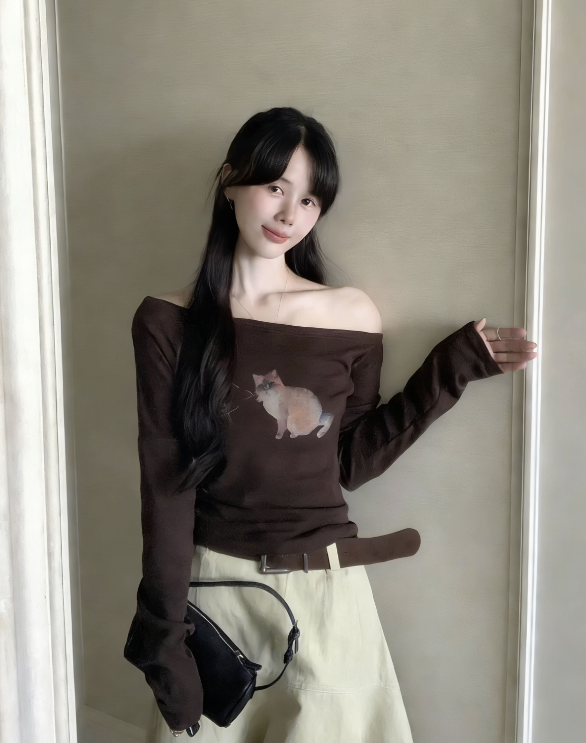 TP565小猫印花斜肩上衣