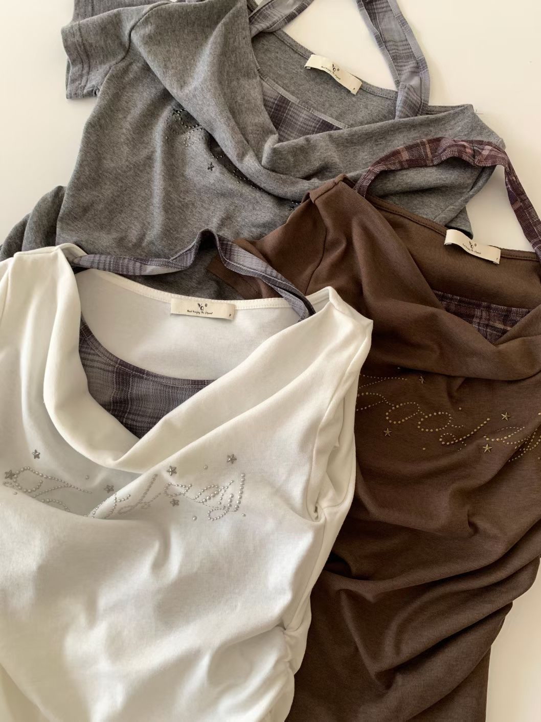 韓國格仔吊帶閃閃英文字假兩件