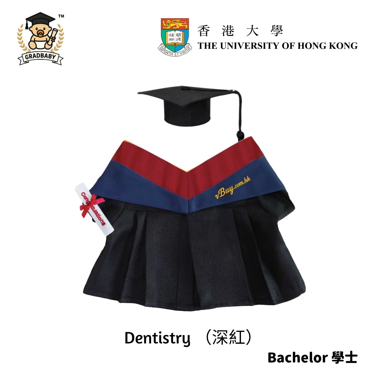 HKU香港大學 牙醫學院 Dentistry 公仔畢業袍 - 可綉名/校名/年份/校章 (深紅色邊藍色布領) 公仔畢業袍