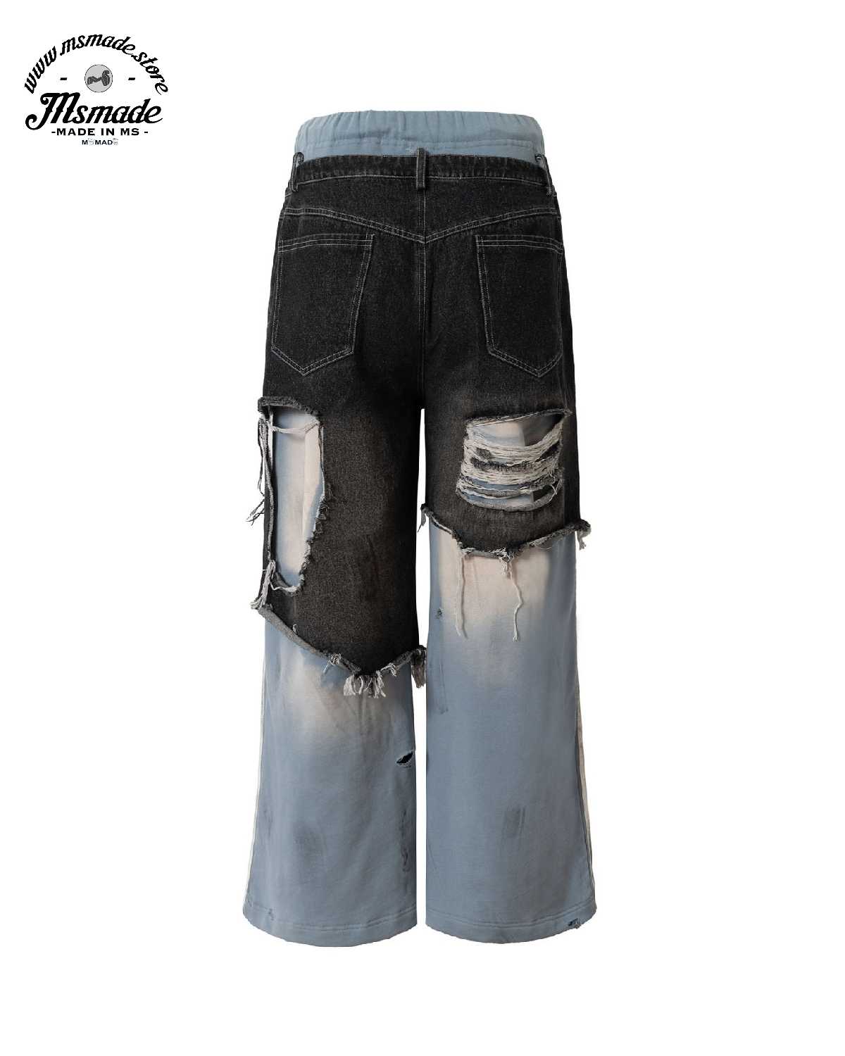 M022拼接牛仔撞色假兩件喇叭褲