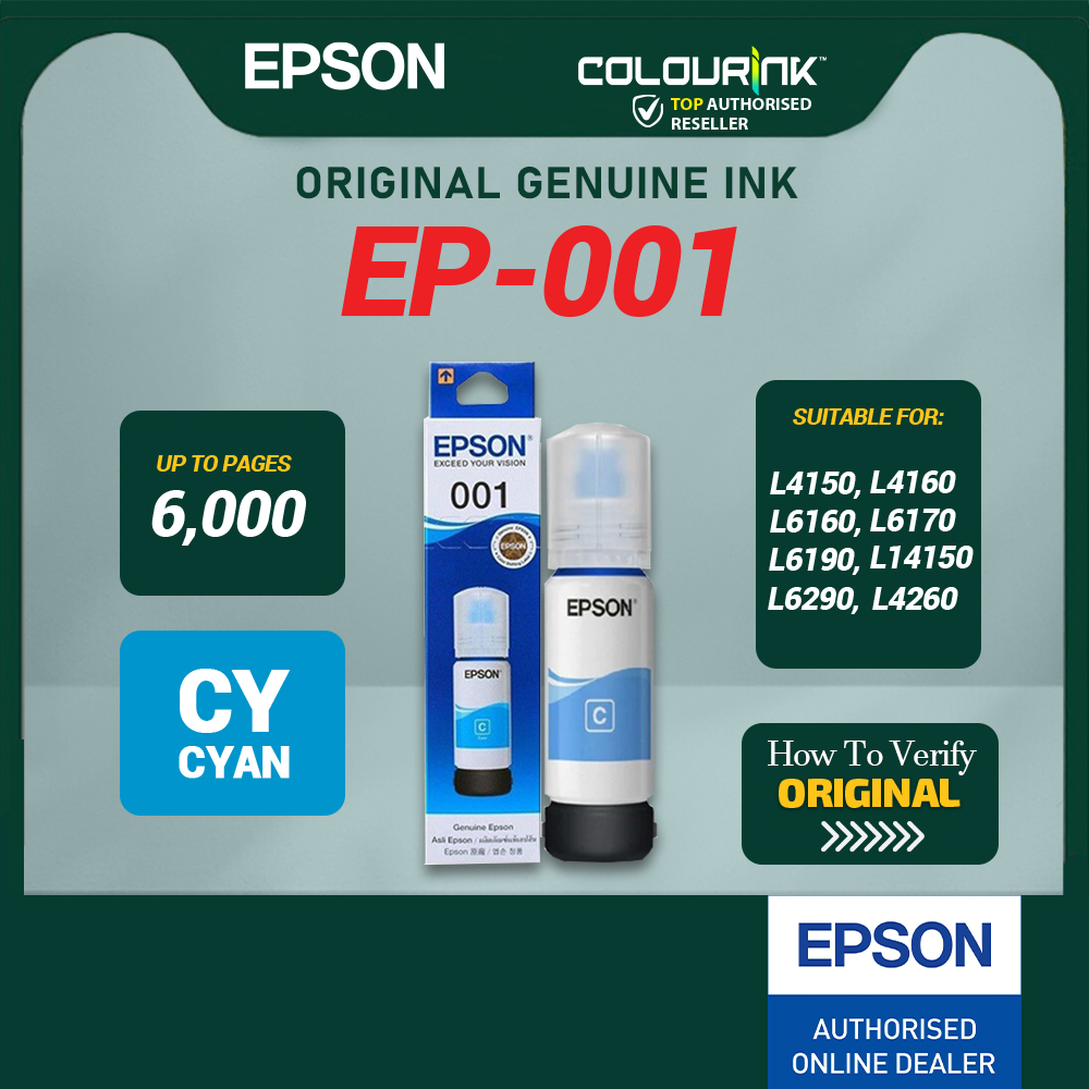 Epson Original Genuine 001 Black Cyan Magenta Yellow Refill Ink Bottle L4150 L4160 L6160 L6170 L6190 L14150 L6290 L4260