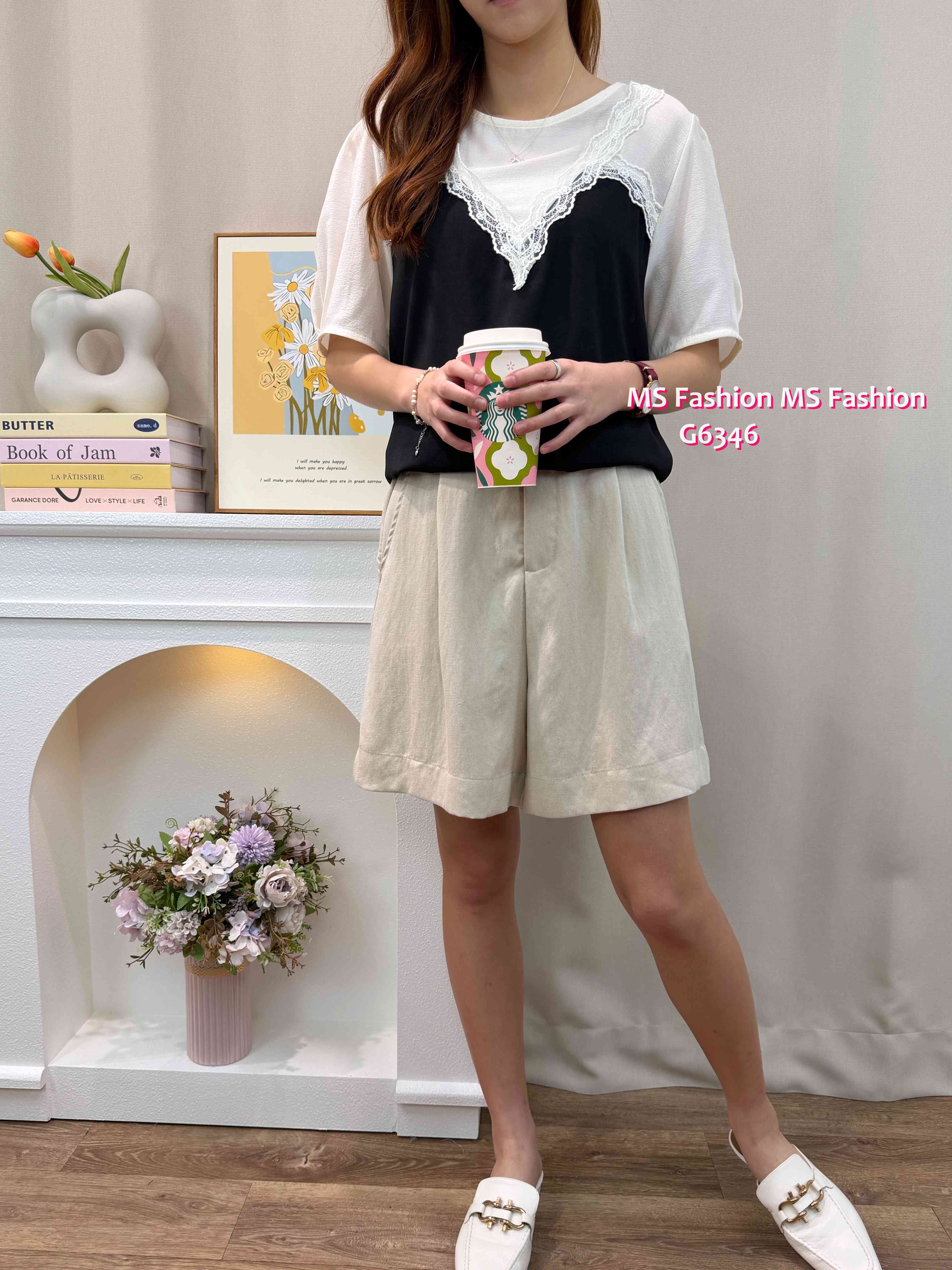 G6346 靚料拼色V lace top