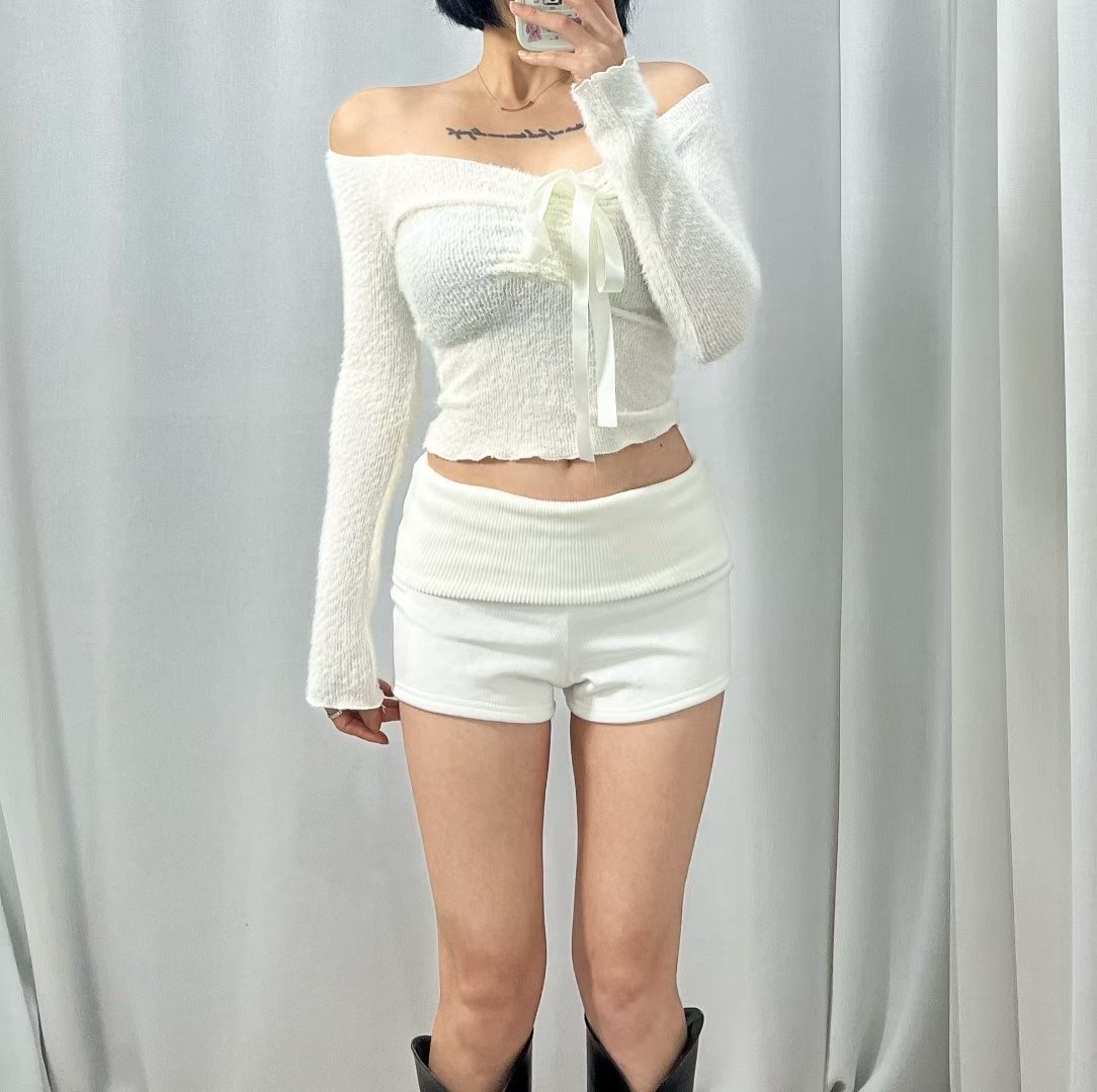 韓國溫柔感毛毛質地一字膊蝴蝶結top