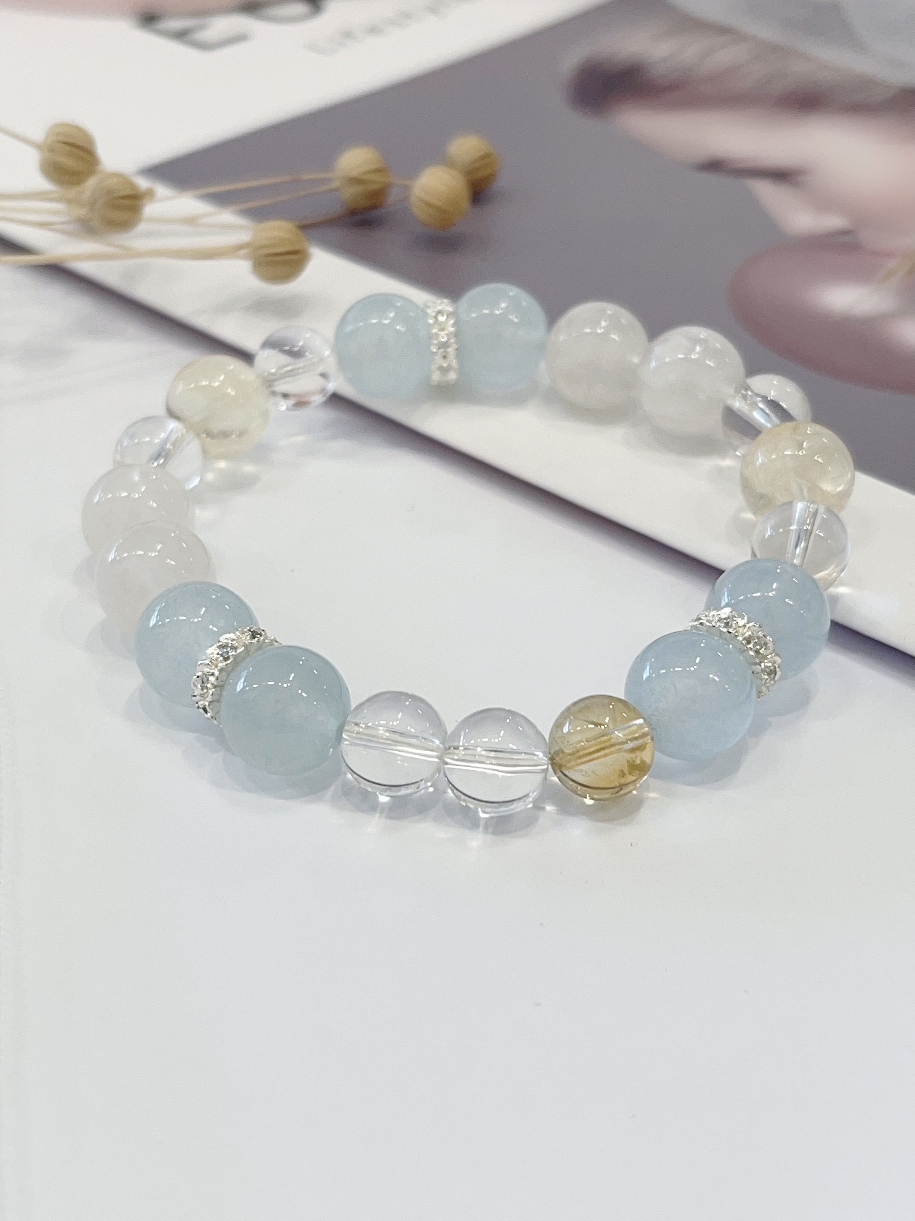 🌊 海蓝宝 × 白幽灵 × 黄发晶 × 白水晶手串 Aquamarine & White Phantom Quartz & Golden Rutilated Quartz & Clear Quartz