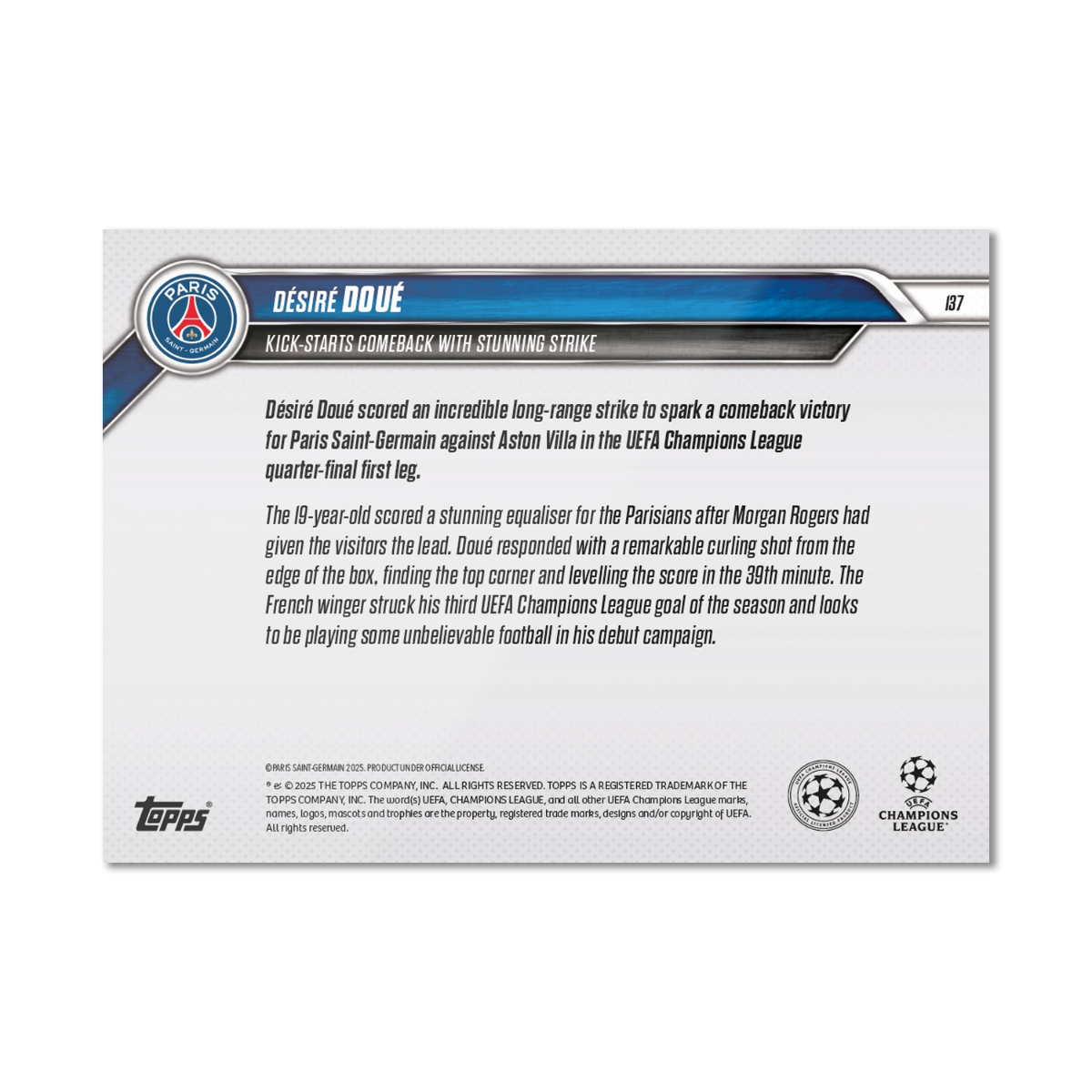 Désiré Doué - 2024-25 UCL Topps NOW® #137 PSG反勝世界波卡｜PR 321