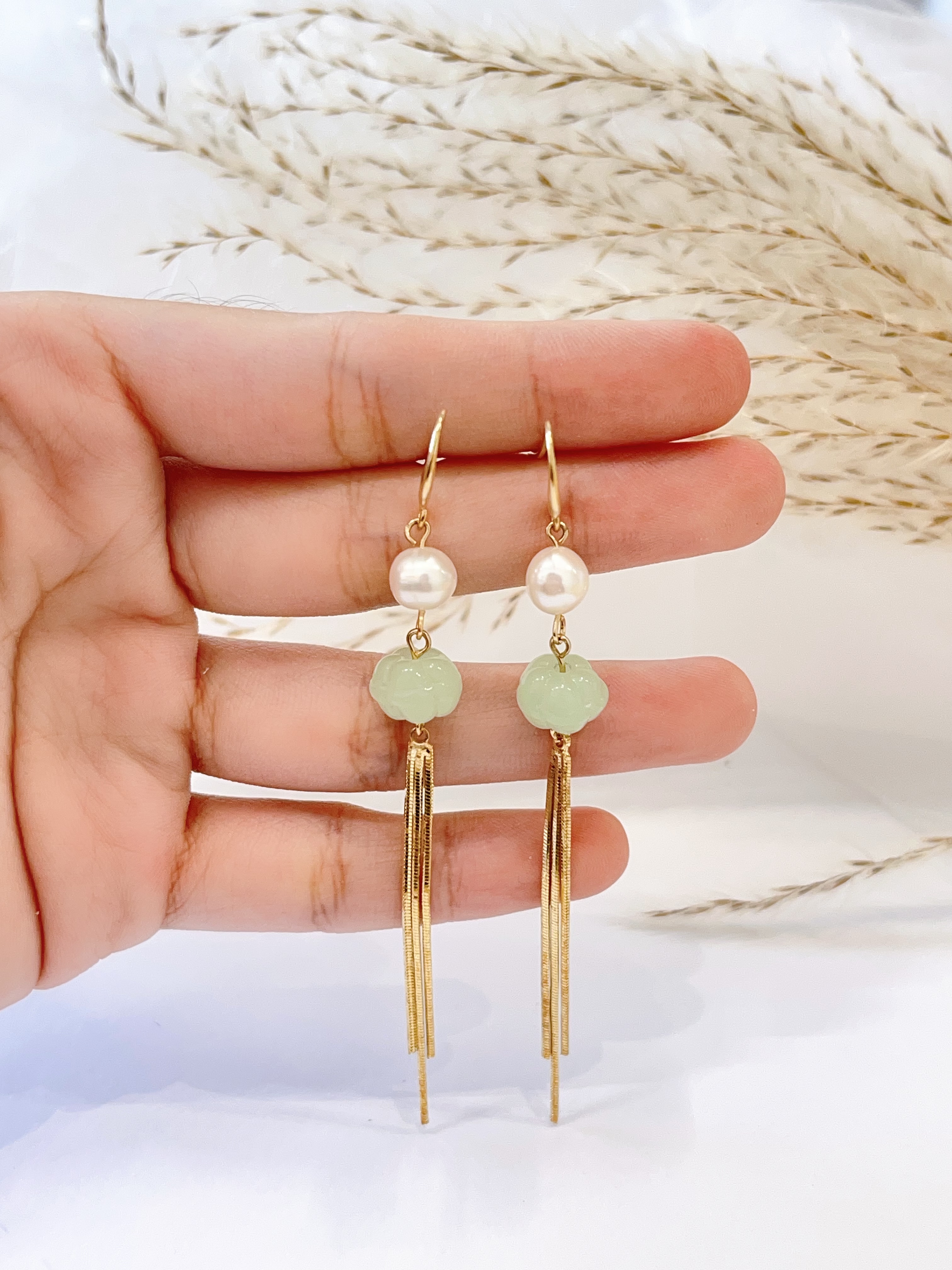 复古珍珠田玉长流苏耳环