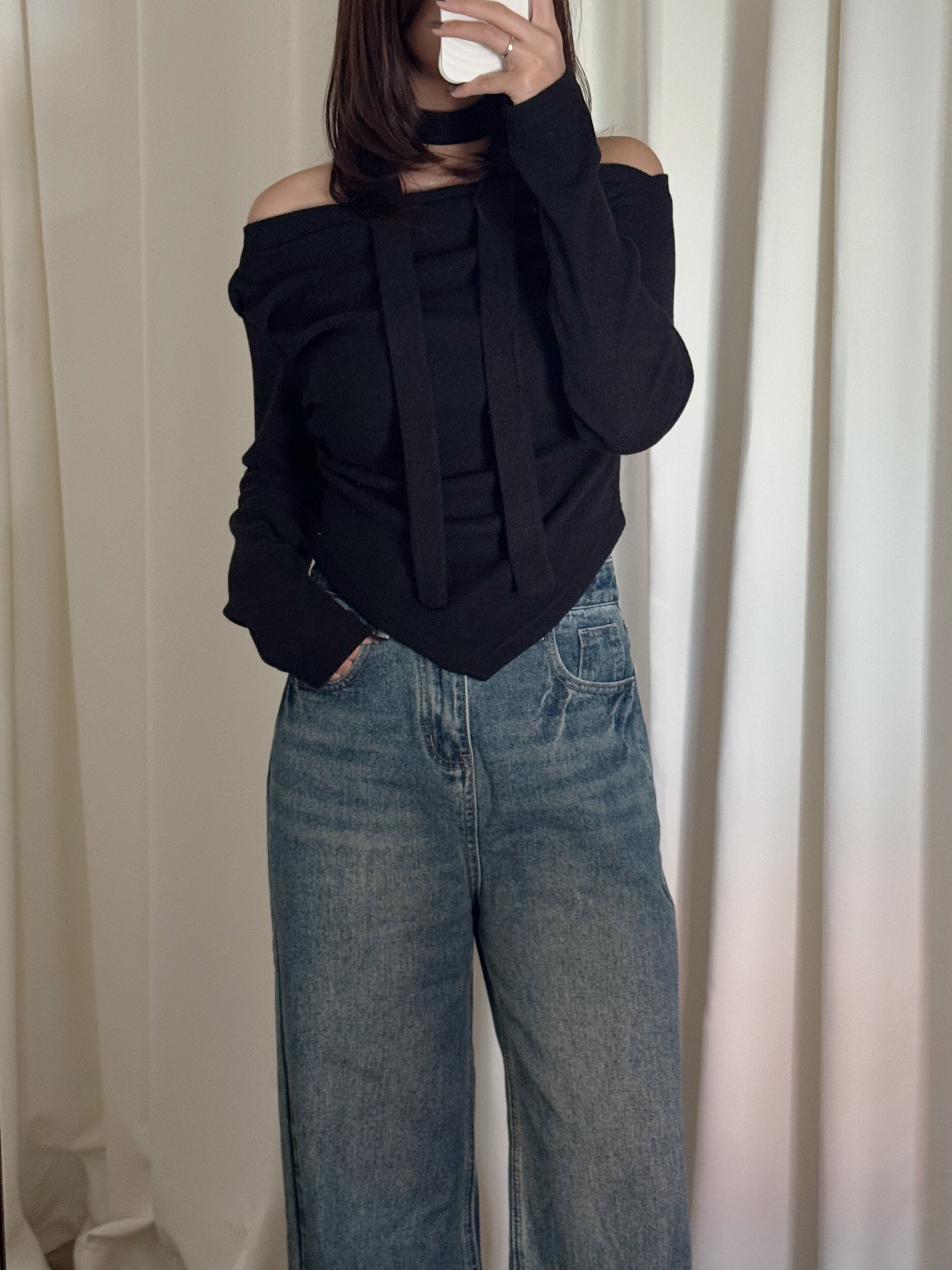 皺皺毛呢頸帶長袖上衣(四色入)