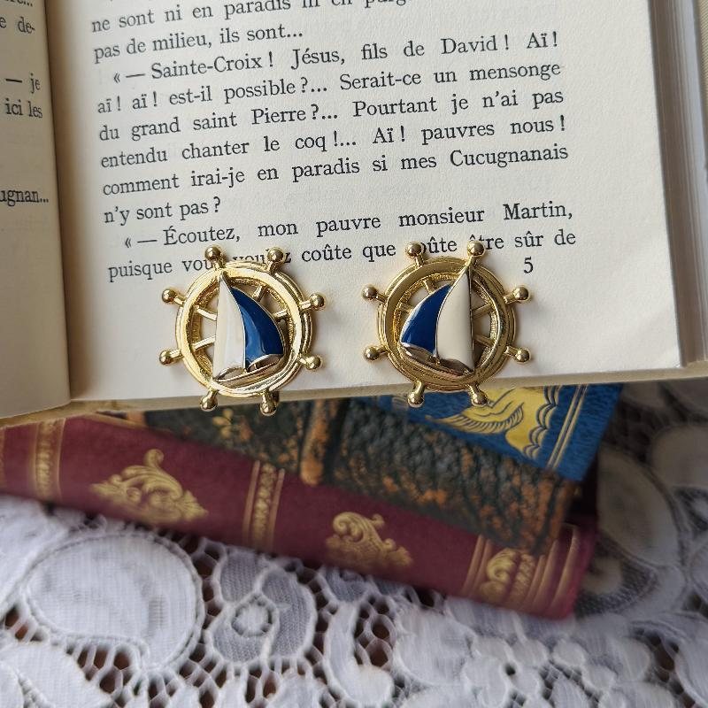 1980s Avon Enamel Sailboat Jewelry Set - Wheel Clip Earrings and Anchor-Dangling Brooch (MT2154)