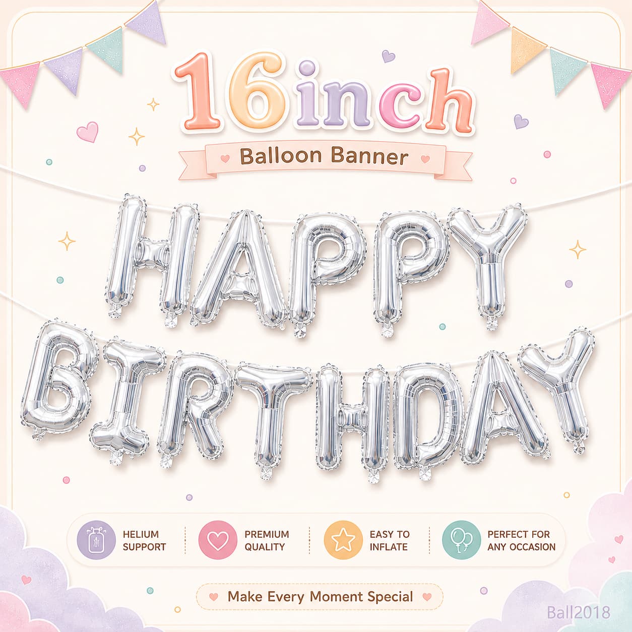 16吋銀色 HAPPY BIRTHDAY 生日字母鋁膜氣球拉旗 Birthday Balloon Banner BALL2019