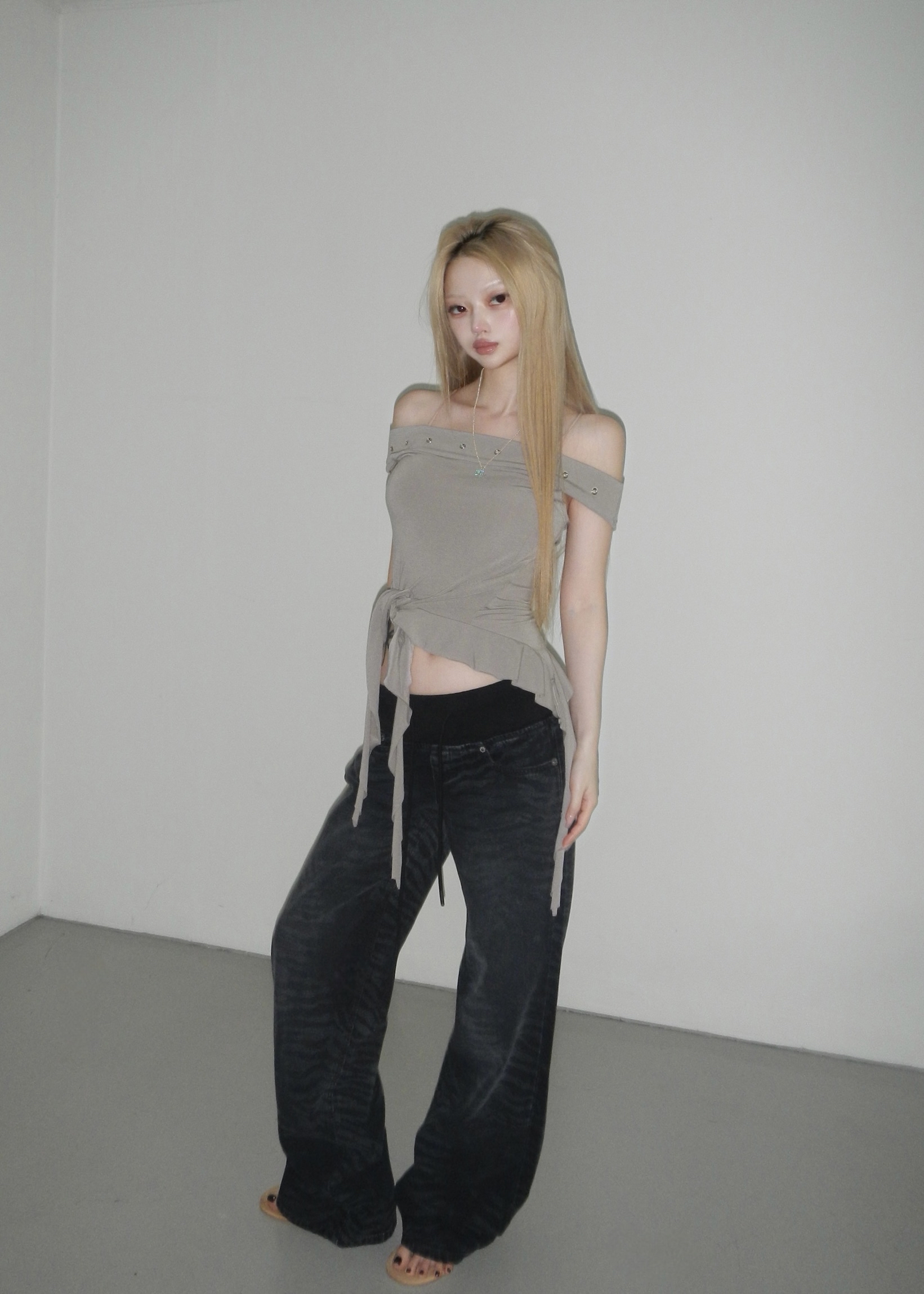 Off-Shoulder Grommet Ruffle Top