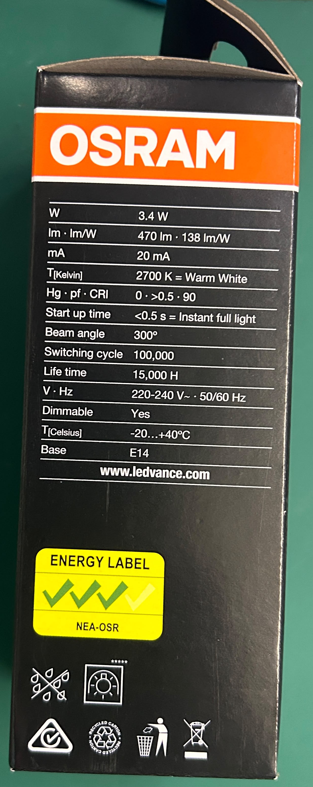 OSRAM LED BULB 3.4W Warm White 2700k E14 AC45169