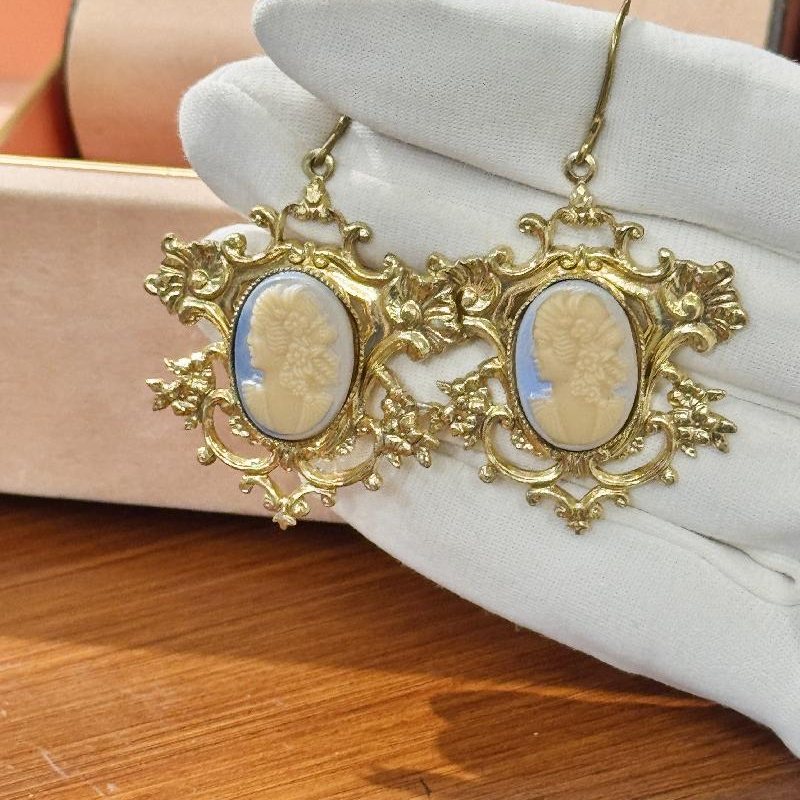 Blue Glass Cameo Hook Earrings (C032)