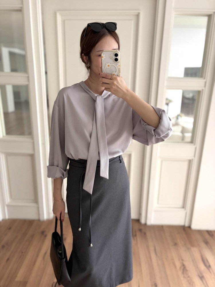 Two-way Tie Detail Blouse (Grey)