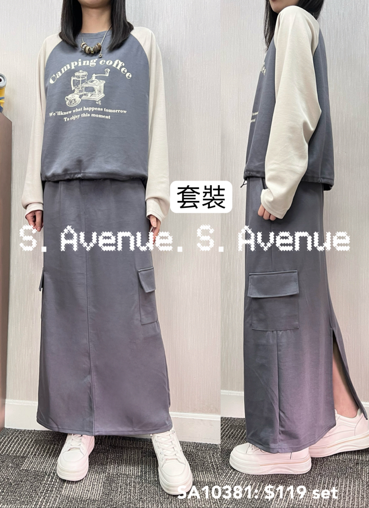 SA10381: 長袖牛骨膊印花束腳tee配側軍袋直身長裙套裝