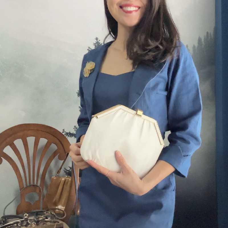 Vintage Mid-century White Genuine leather Diamond Shape Frame Two-Way Bag (MT2503)
