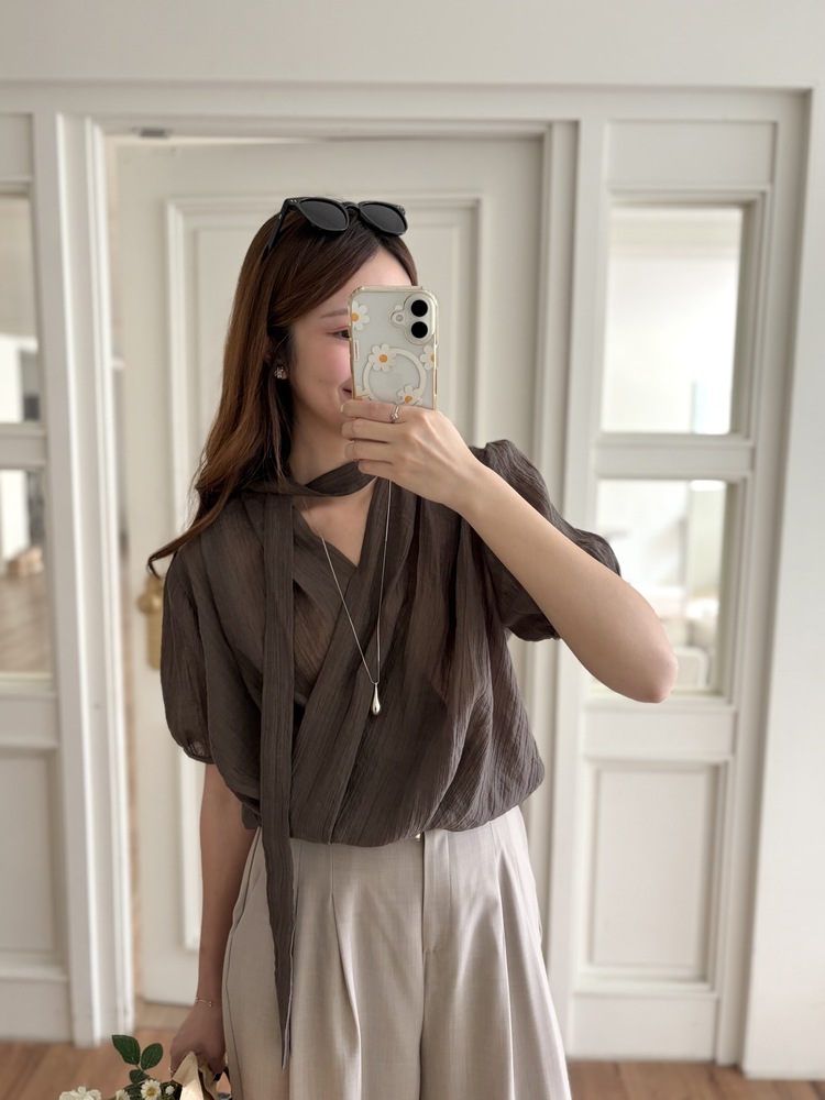 Louise Wrap Blouse with Tie (Brown)