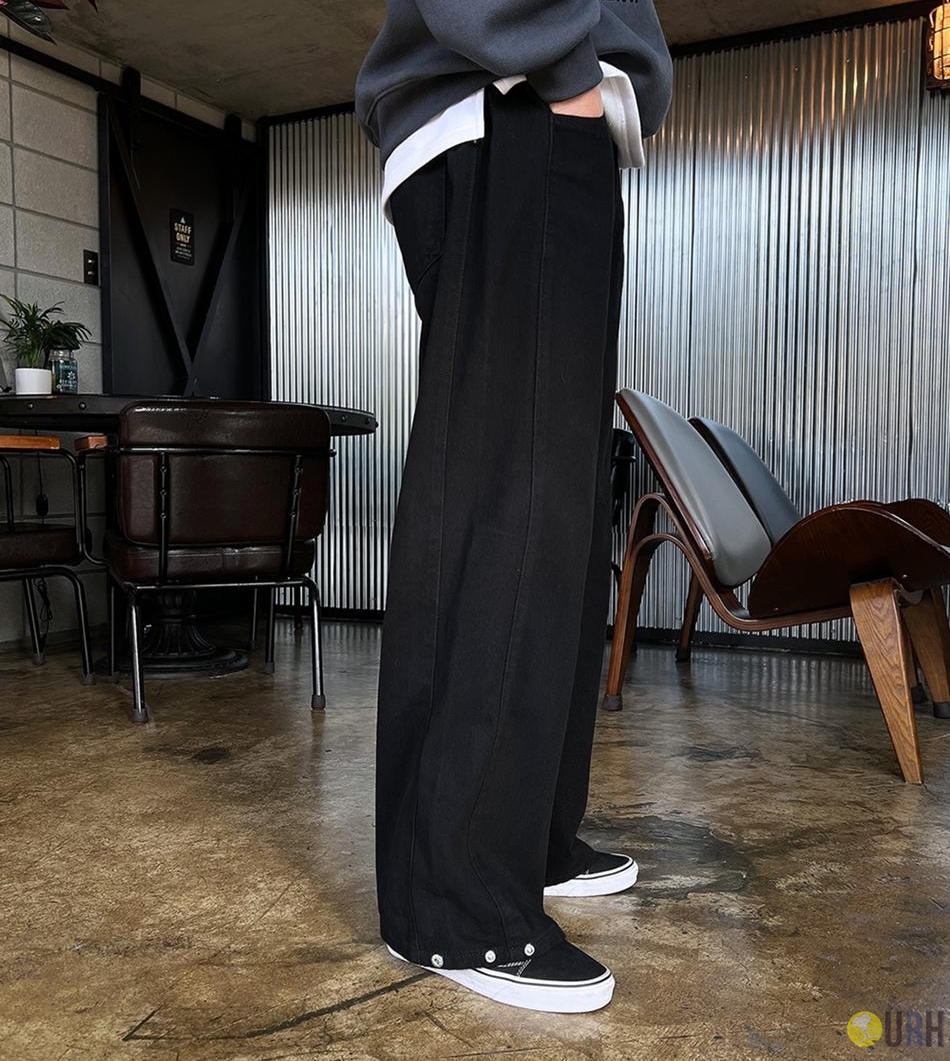 【100%保證韓國直送】側邊壓褶鈕扣造型寬版水洗牛仔長褲 [2 color] RG165836