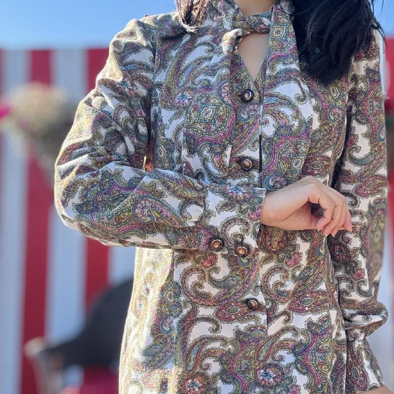 Vintage 1980s American Paisley Pattern Tie Collar Loose Fit Dress(MT2419)