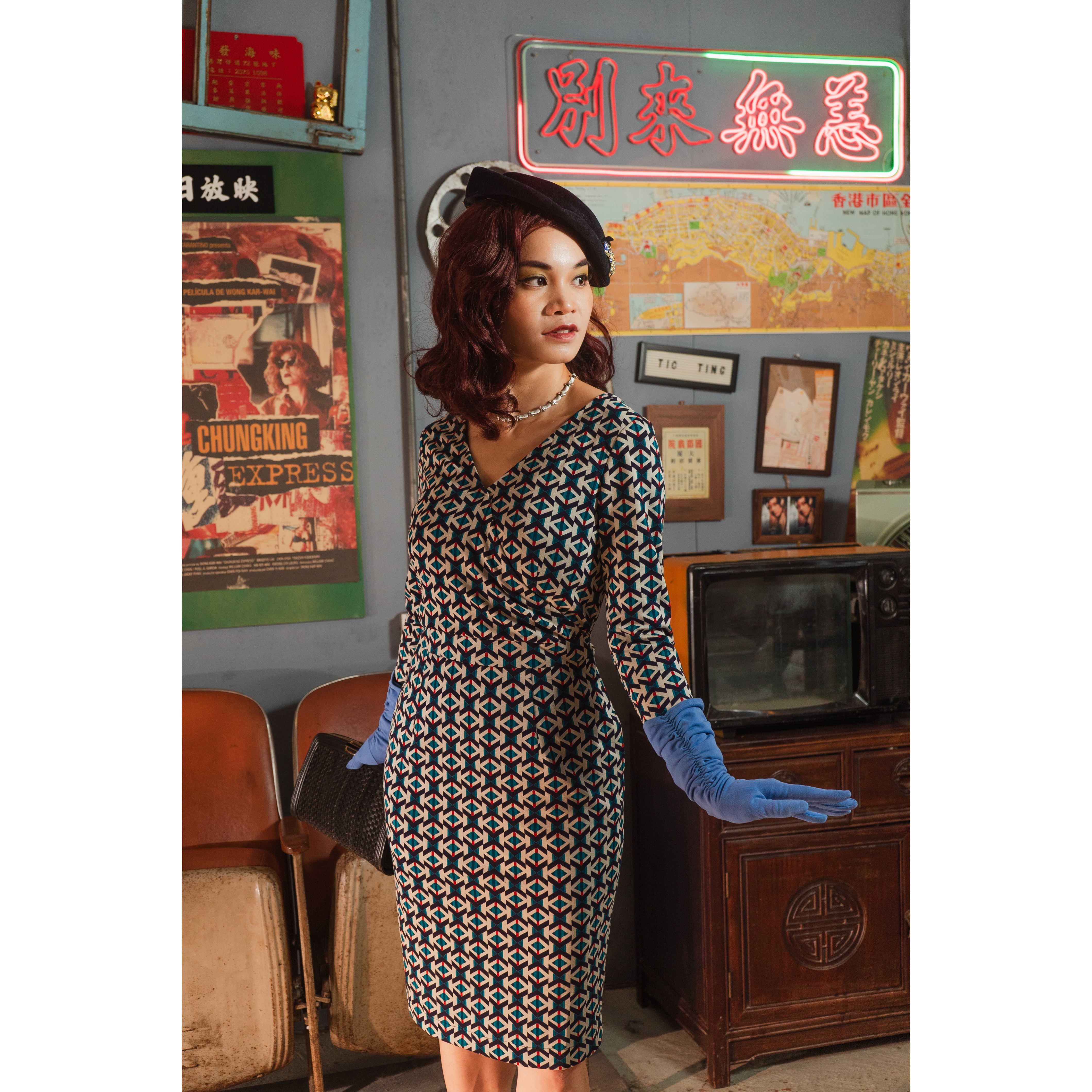 (Last M)1970s Style Miss Suzie Geometric Half-Wrap Jersey Dress(FM165)