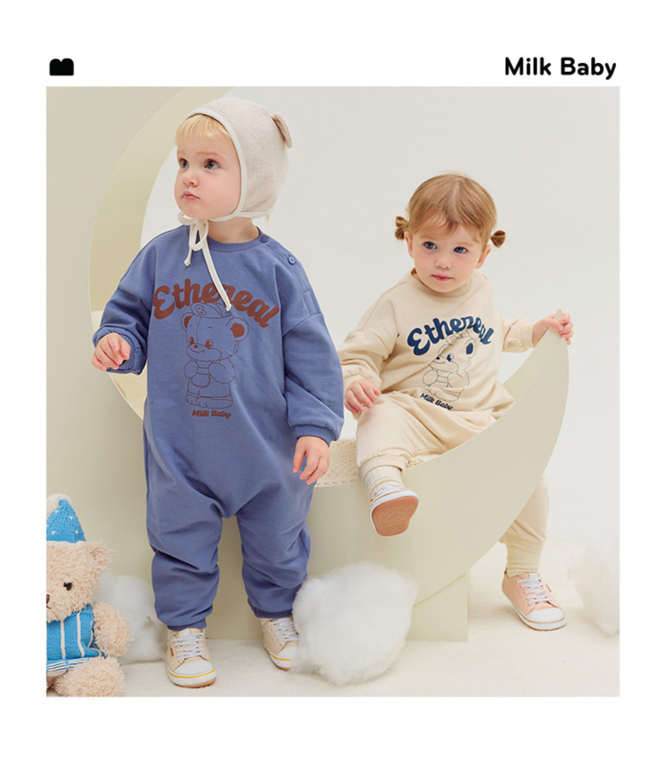 🍁預訂 韓國直送🍁🇰🇷Milk Baby兩色小熊字母印花寬鬆長袖連身服