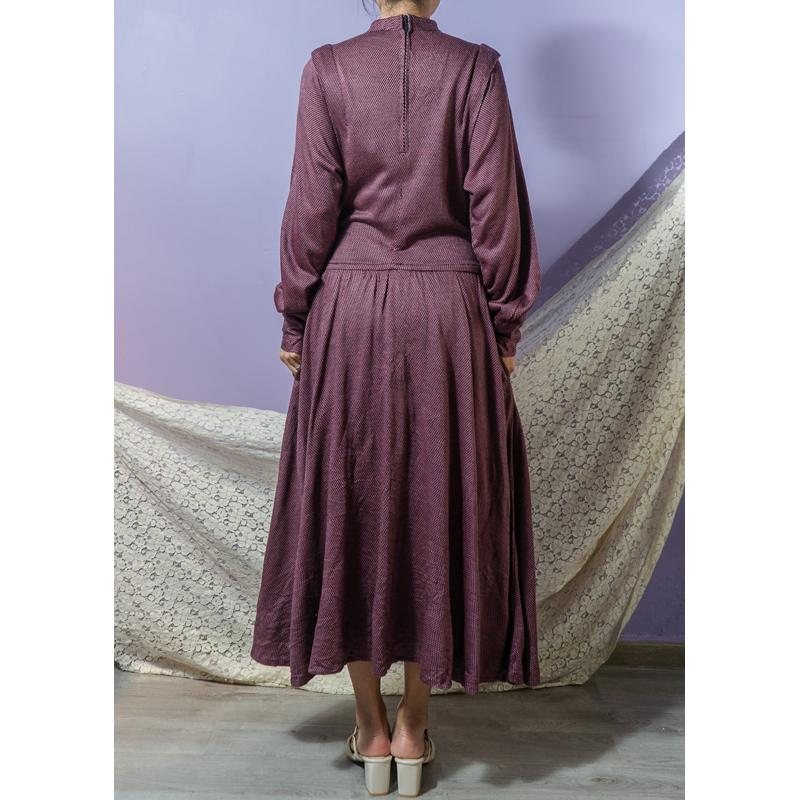 Vintage Made in Taiwan Purple And Black Mini Checked Pattern Low-Waist Long Dress(BG050)