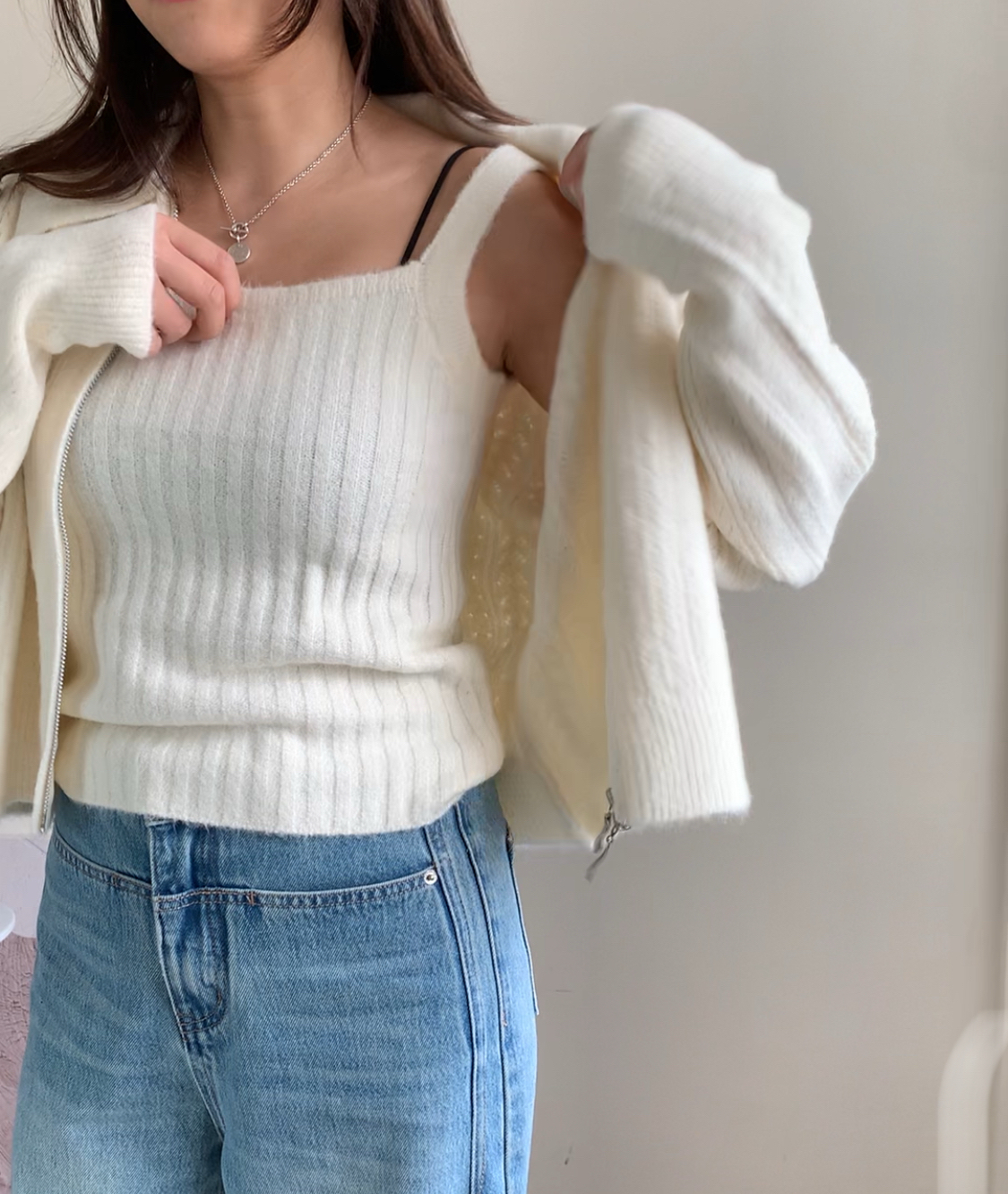 通花拉鍊反領外套-米白