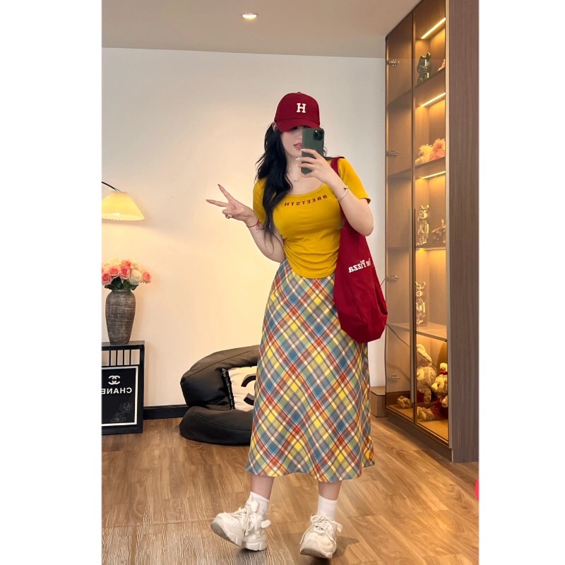 B396(6286长裙) 长款美式多巴胺彩色格纹黄长裙 
