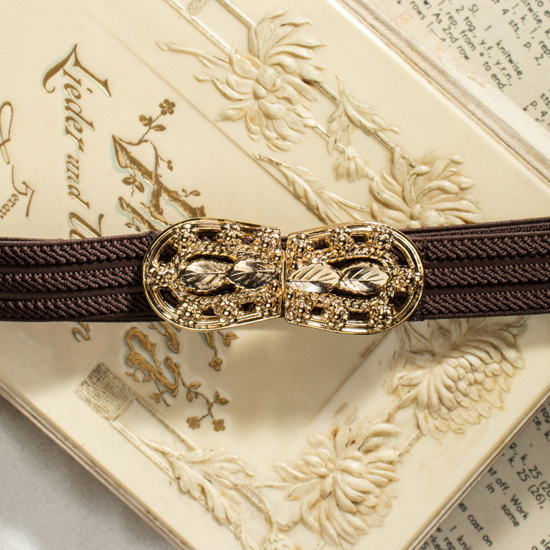 Vintage Japanese Classic Design Leafy Choco Brown Belt Buckle with Elegant Elastic Belt (E010 x K006)