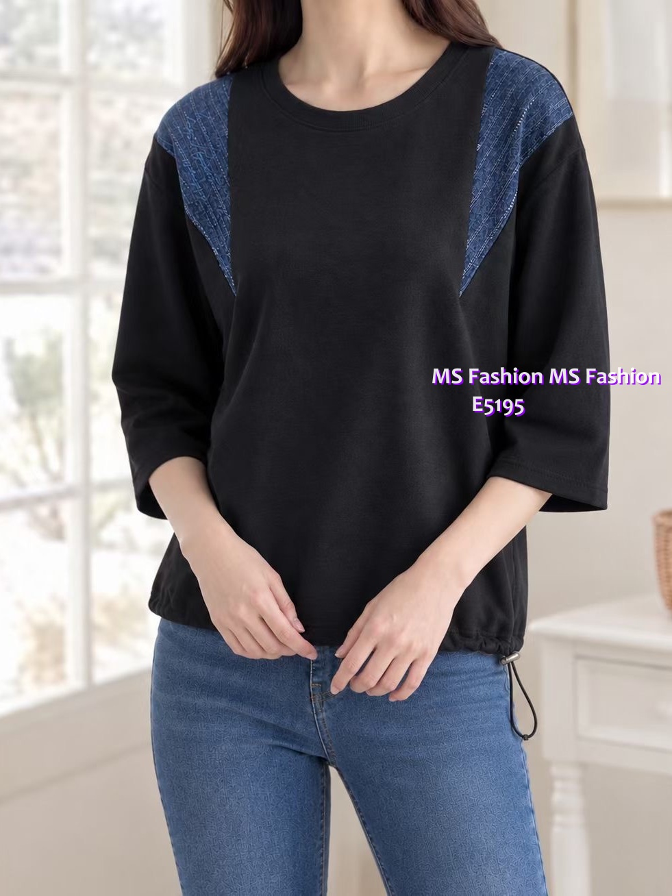 E5195 拼牛仔中袖top