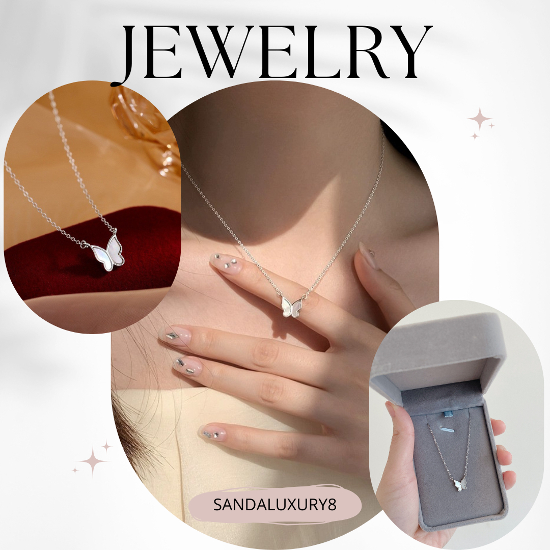 Silver Butterfly Necklace with White Shell Pendant  - Minimalist Delicate Jewelry  - Gift for Women & Girls - SandalLuxury8