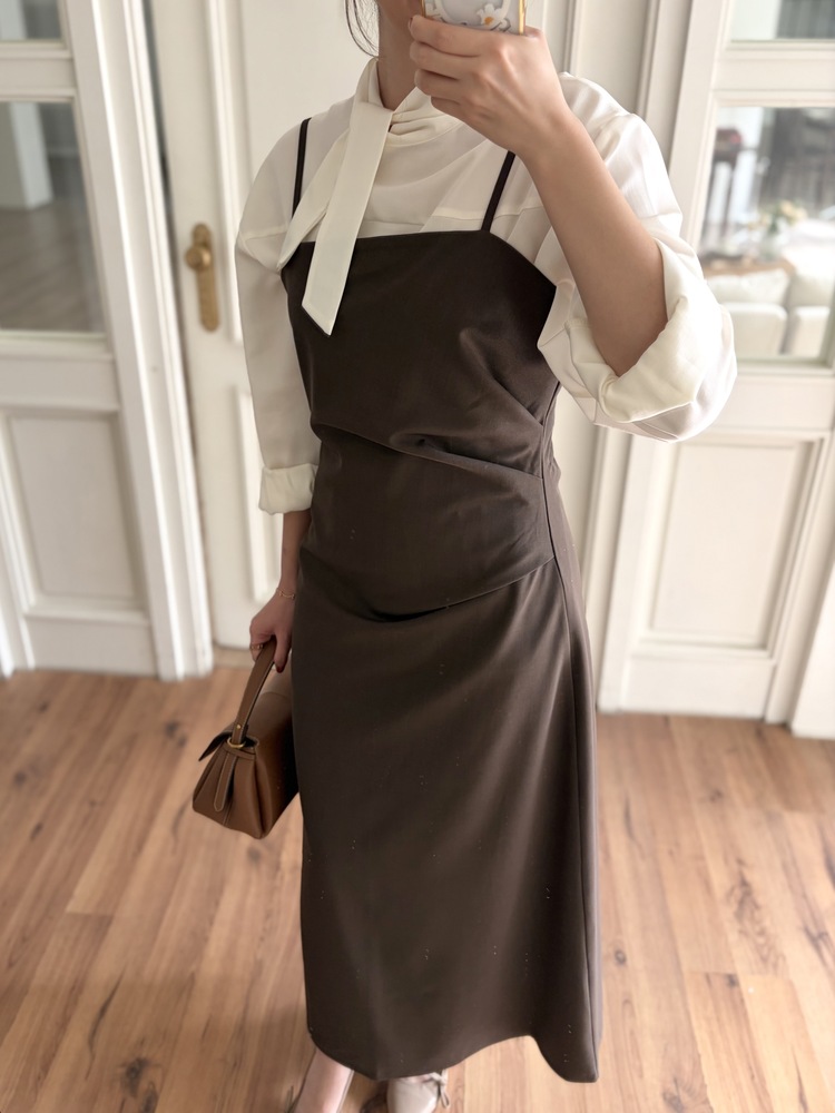 Gathered Adjustable Cami Dress (Brown)