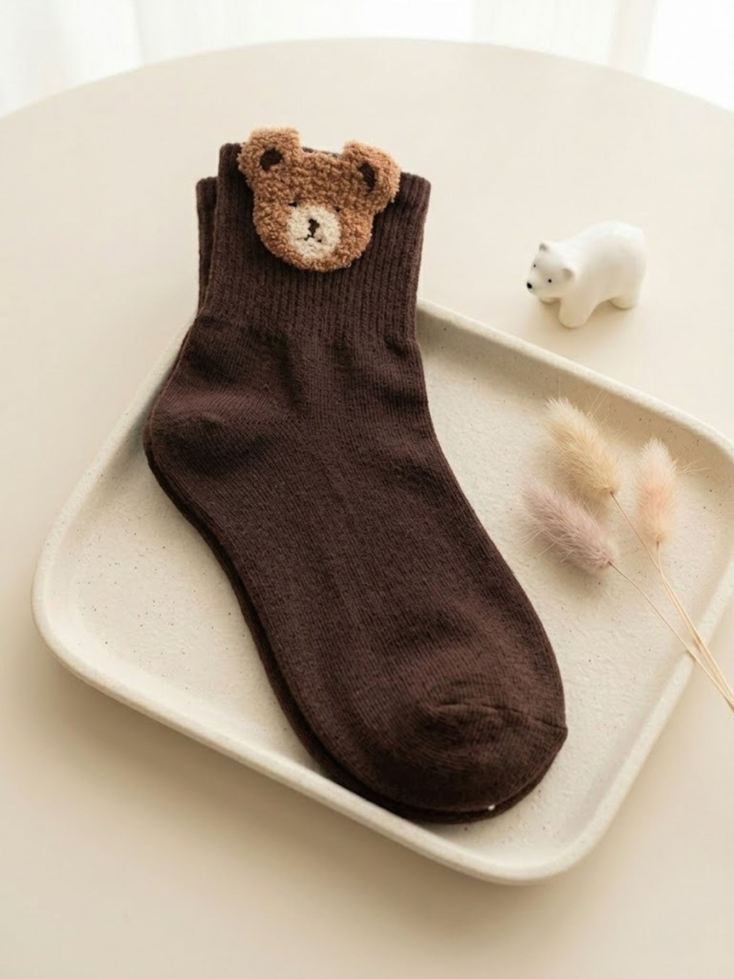 Korean Brown Bear Head Ear Calf Women Mid Crew Socks