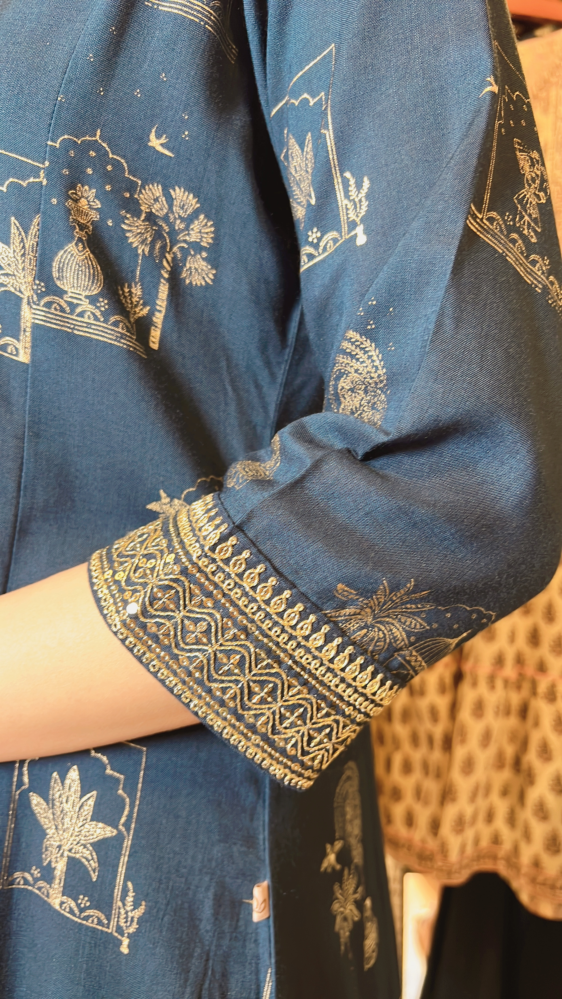 Navy Blue V-Neck Emb. Collar OP 42" #1068