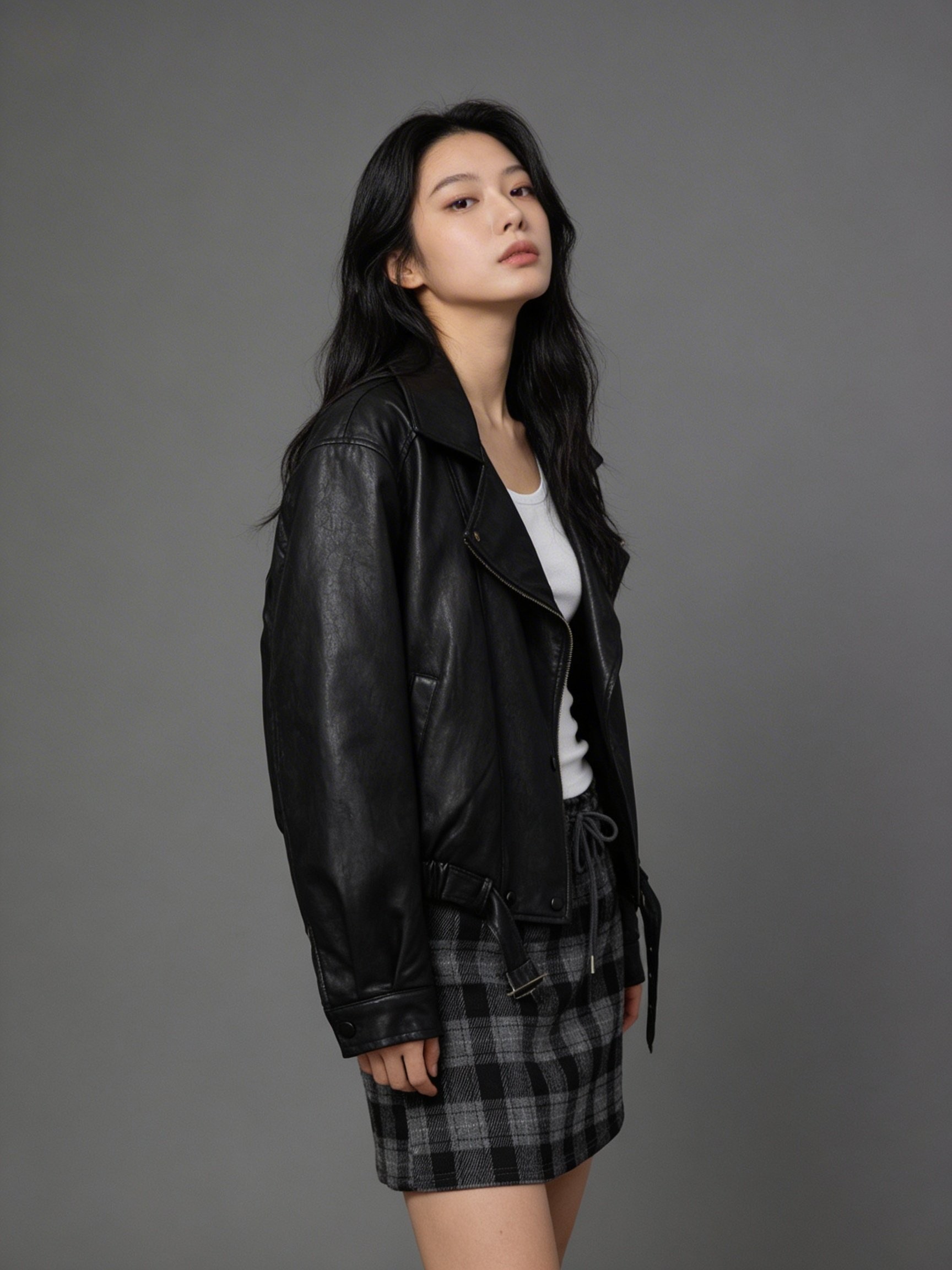 黑色皮革斜襟短版飛行夾克