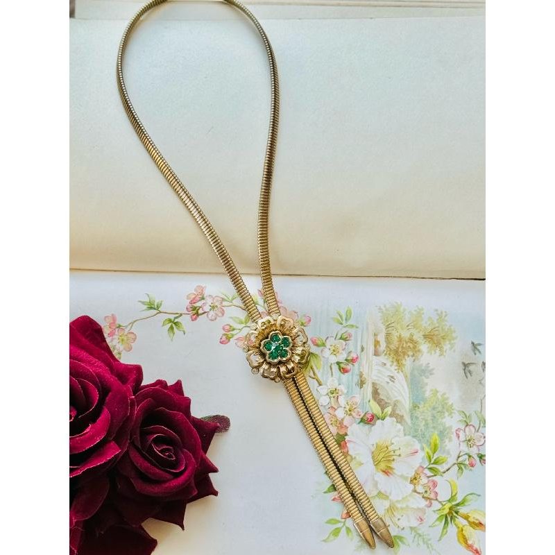Rare! C.a. 1950s Vintage CORO Pegasus Emerald Rhinestone Snake Chain Tassel Necklace Choker - Adjustable Length MT2017