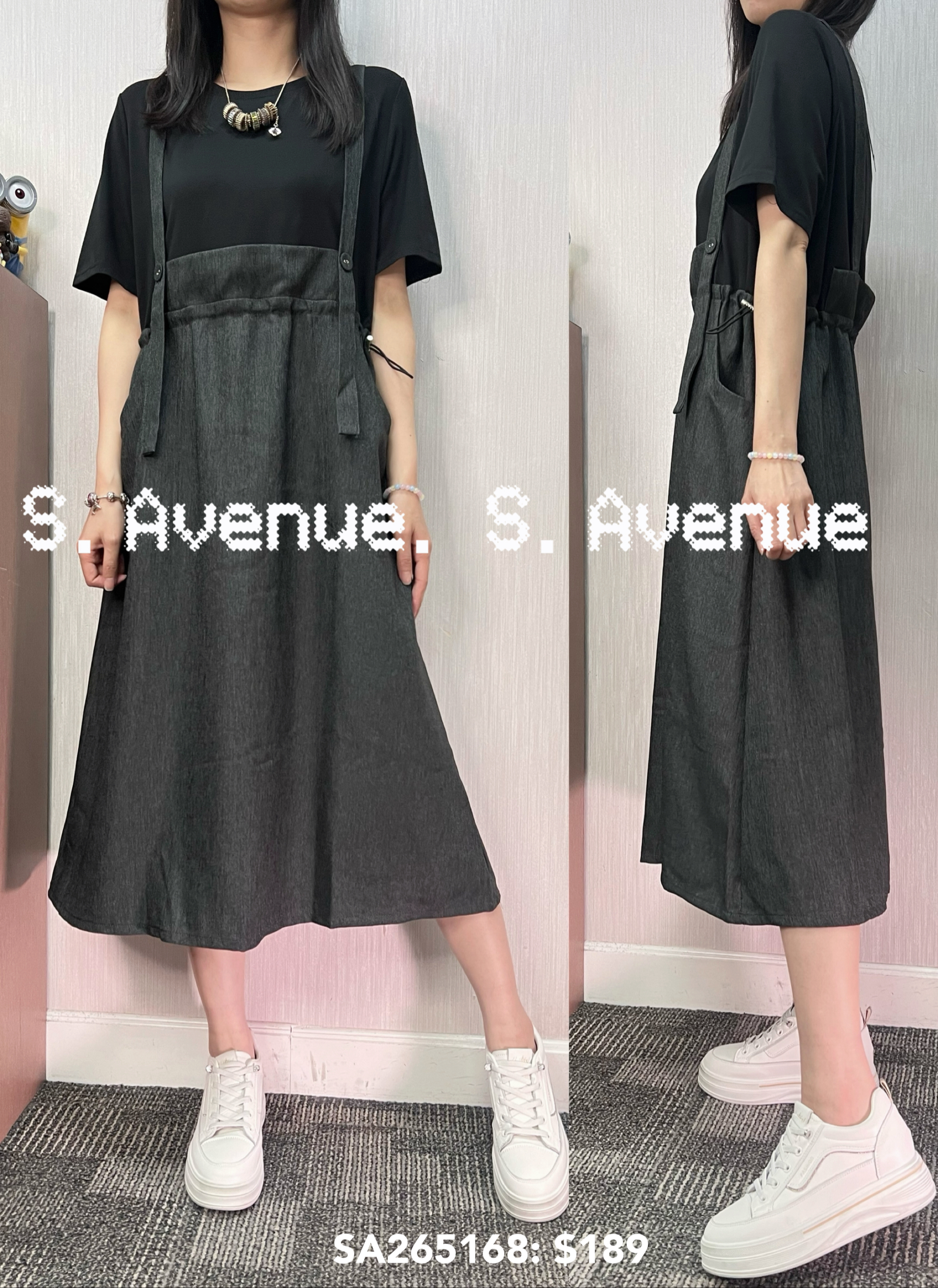 SA265168: 短袖吊帶假兩件工人裙