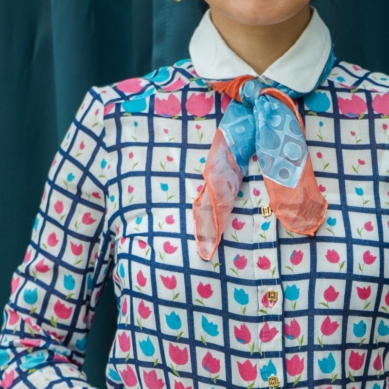 Vintage MOD Pattern Peach Pink & Sky Blue Geometric Pattern Small Square Sheer Scarf - 72% Rayon; 28% Silk(MT1602-1)