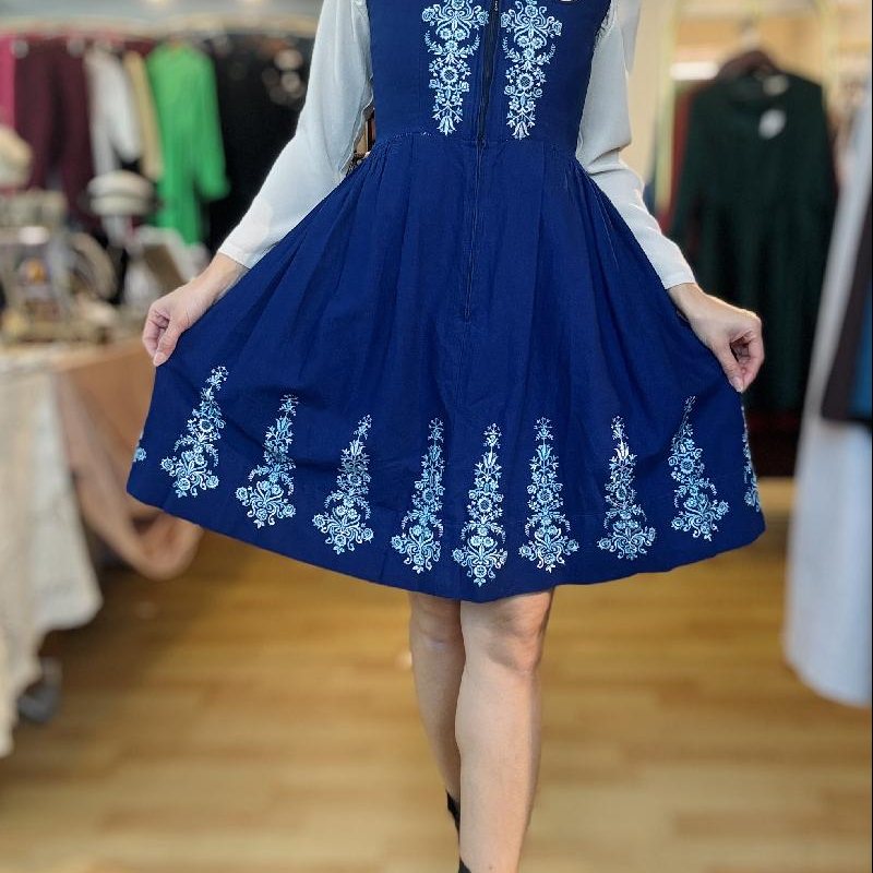 Vintage Embroidered Blue Dirndl Dress - Size S/XS