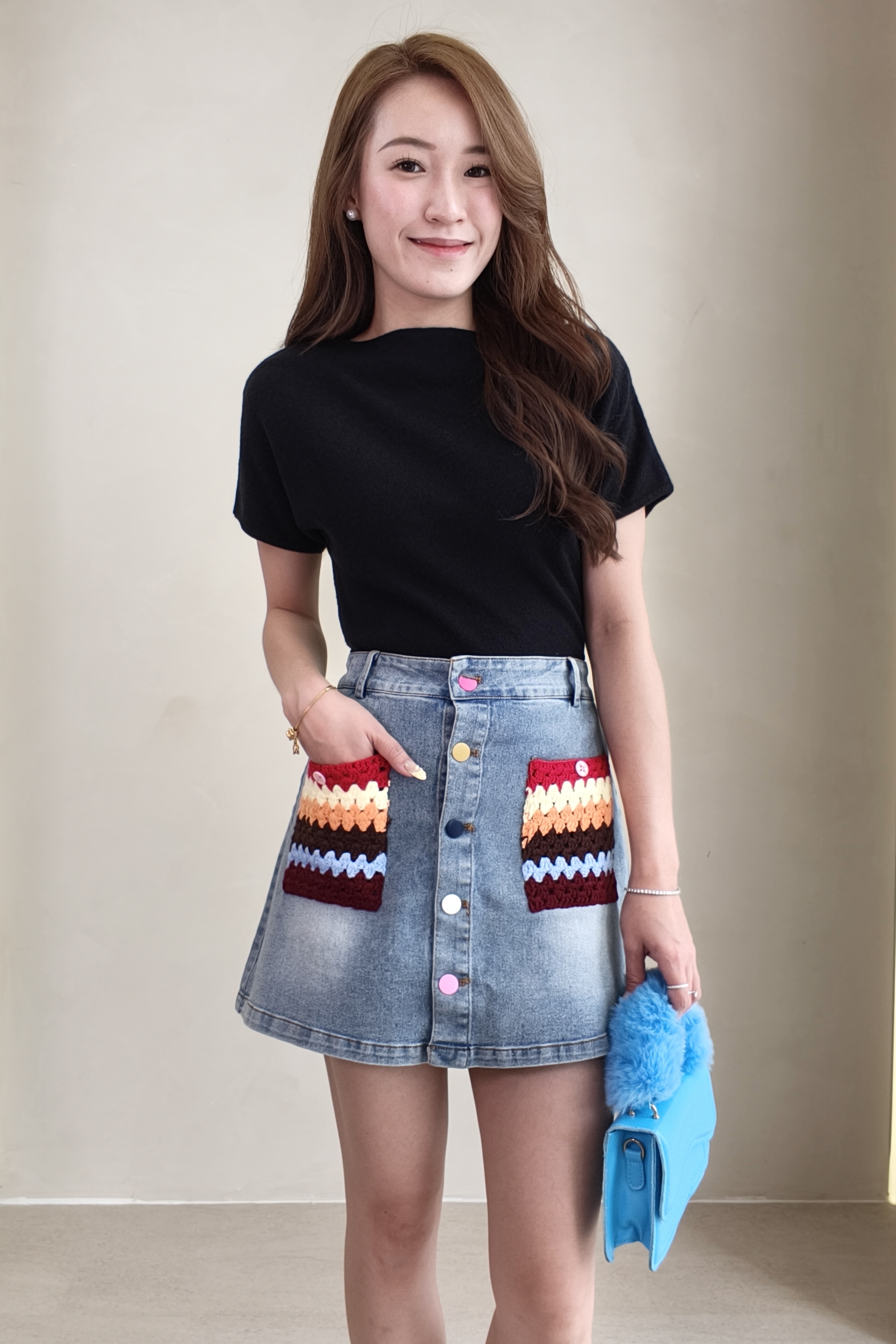 938-1 Crochet Pocket Denim A-Line Skirt