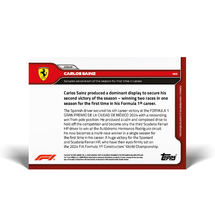 Carlos Sainz - 2024 F1 Topps NOW® #65 Mexican GP 賽季第二勝卡｜PR 1,740