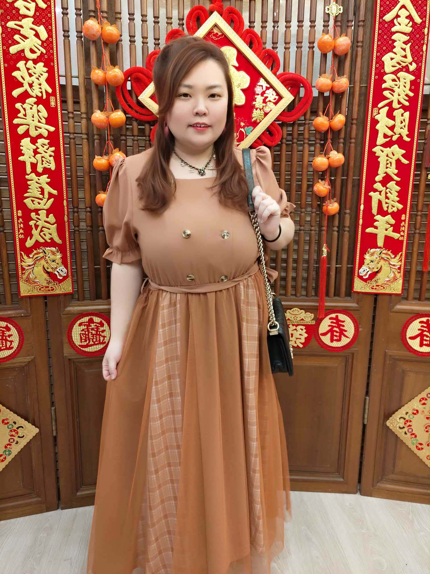 NJH09 TW#3132A 格子纽扣网纱连衣裙