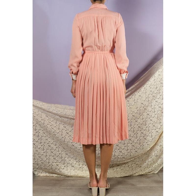 Vintage C.a. 1970-80s U Pattern Salmon Pink Shirtdress with White Cuff Day Dress(MT1608-132)