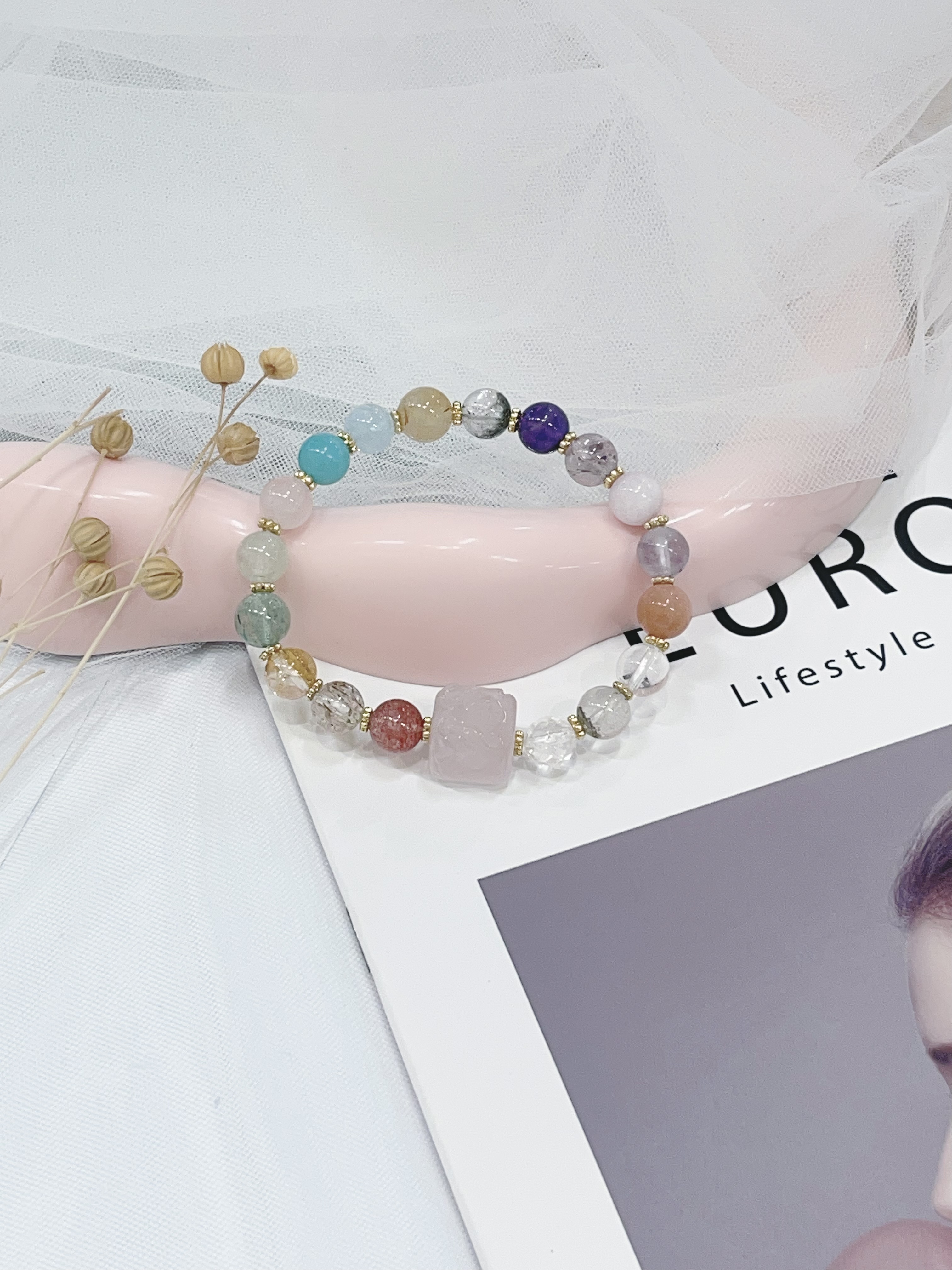 🌸 粉水晶方糖 × 多宝水晶手串  Rose Quartz Cube & Mixed Crystals Bracelet｜8mm