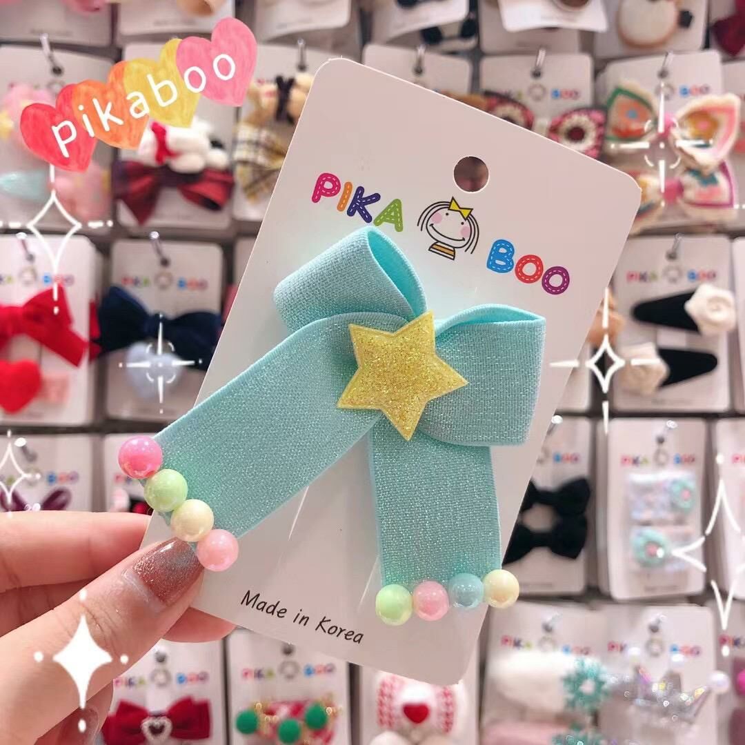 Pikaboo 韓國製 大蝴蝶結星星波波尾夾 (綠藍色）