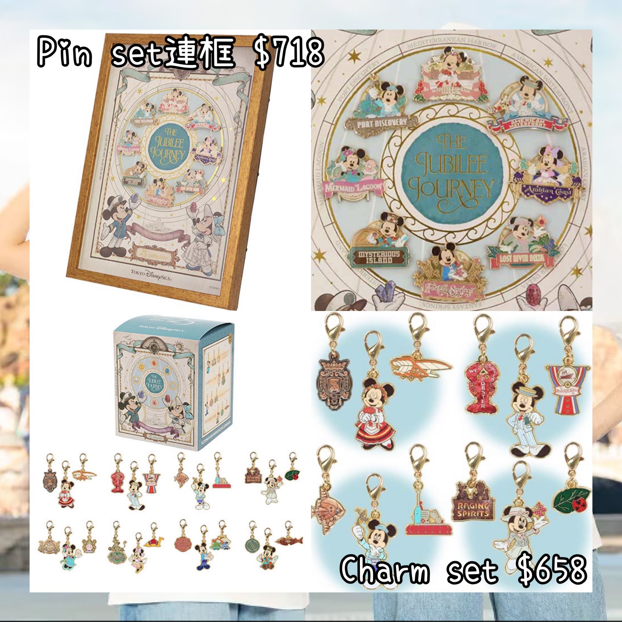 ：日本：DISNEYLAND園區產品 TOYKO DISNEYSEA 25TH THE JUBILEE JOURNEY 25/5 日本發賣 PIN SET 連框 CHARM SET