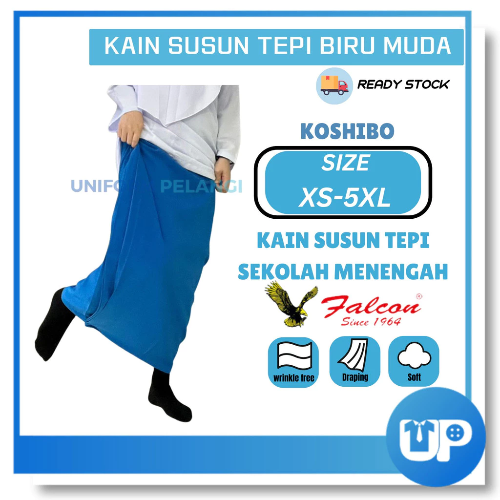 Falcon Kain Susun Sekolah Menengah Biru Zip Tepi Kain Kurung Licin Secondary School Skirt Koshibo YKK Zip Original 282