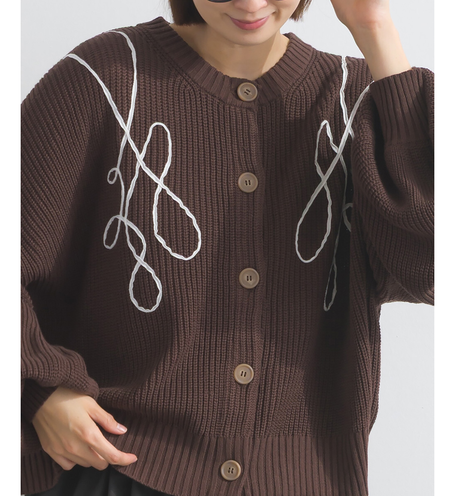 LP - 絲帶織紋開襟毛衣 (咖啡色)